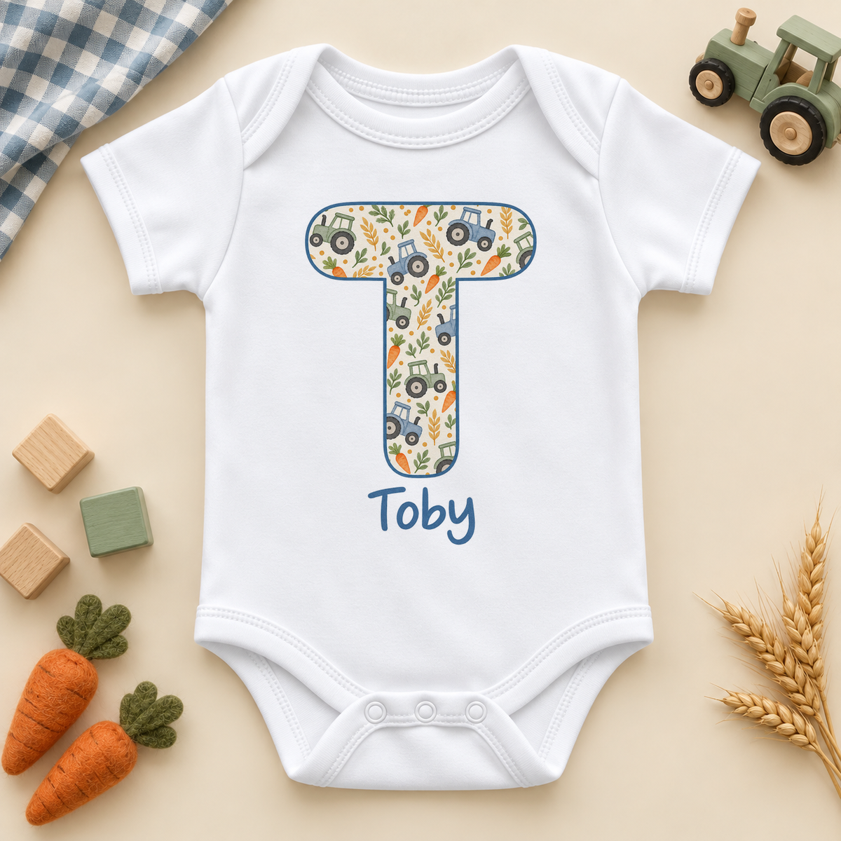 Personalised Tractor Initial Baby Vest Bodysuit; example name shown.
