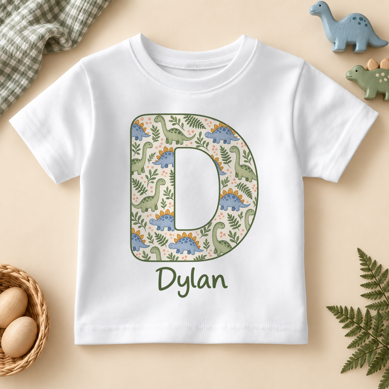 Personalised Dinosaur Initial T-Shirt for Kids; example name shown.