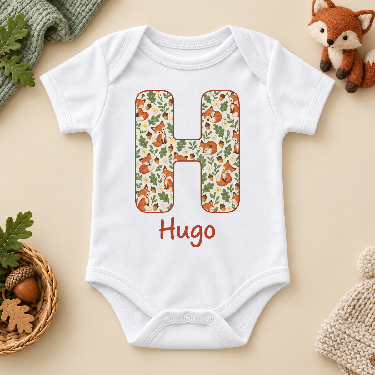 Personalised Fox Initial Baby Vest Bodysuit; example name shown.