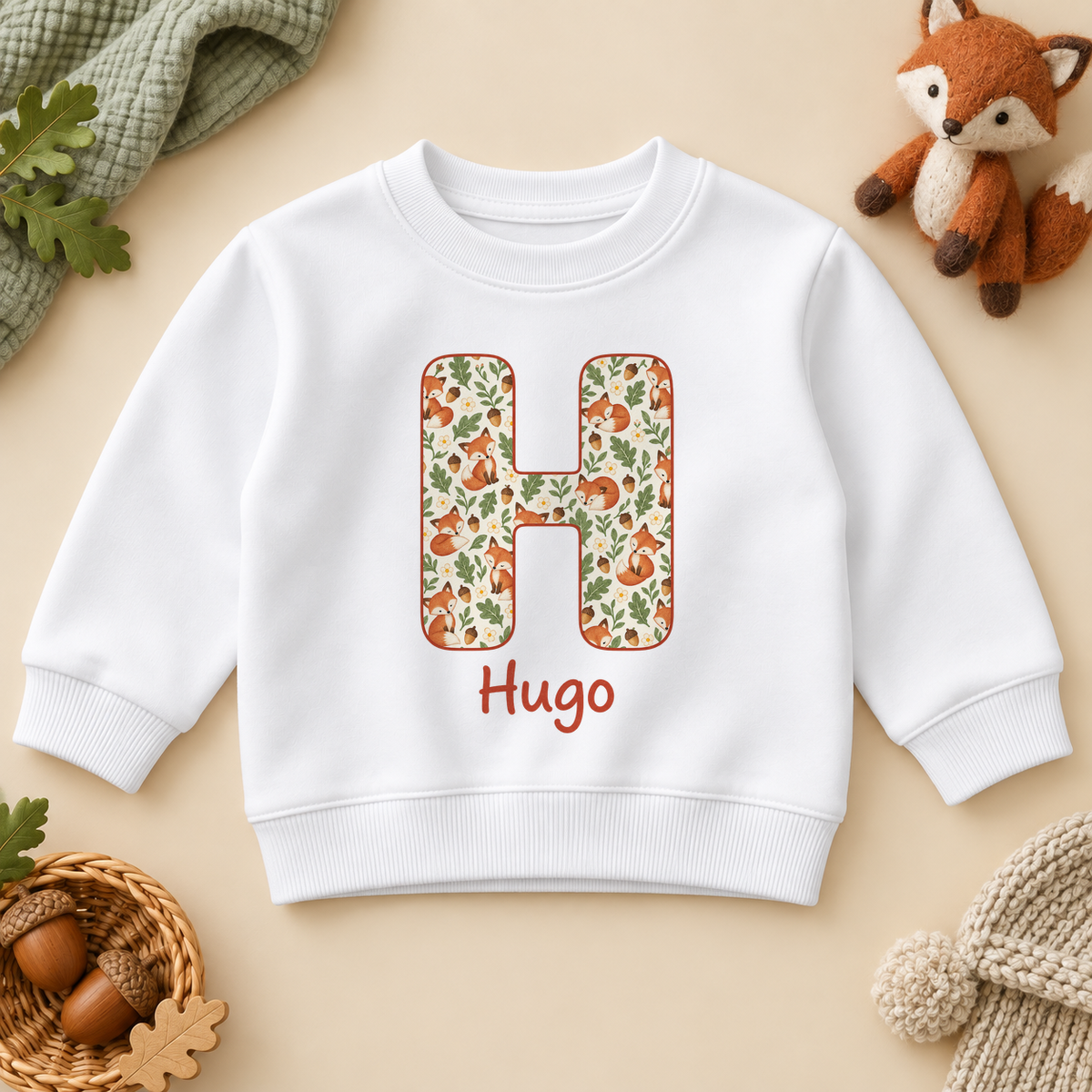 Personalised Fox Initial Sweatshirt for Kids; example name shown.
