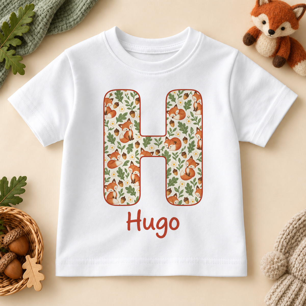 Personalised Fox Initial T-Shirt for Kids; example name shown.