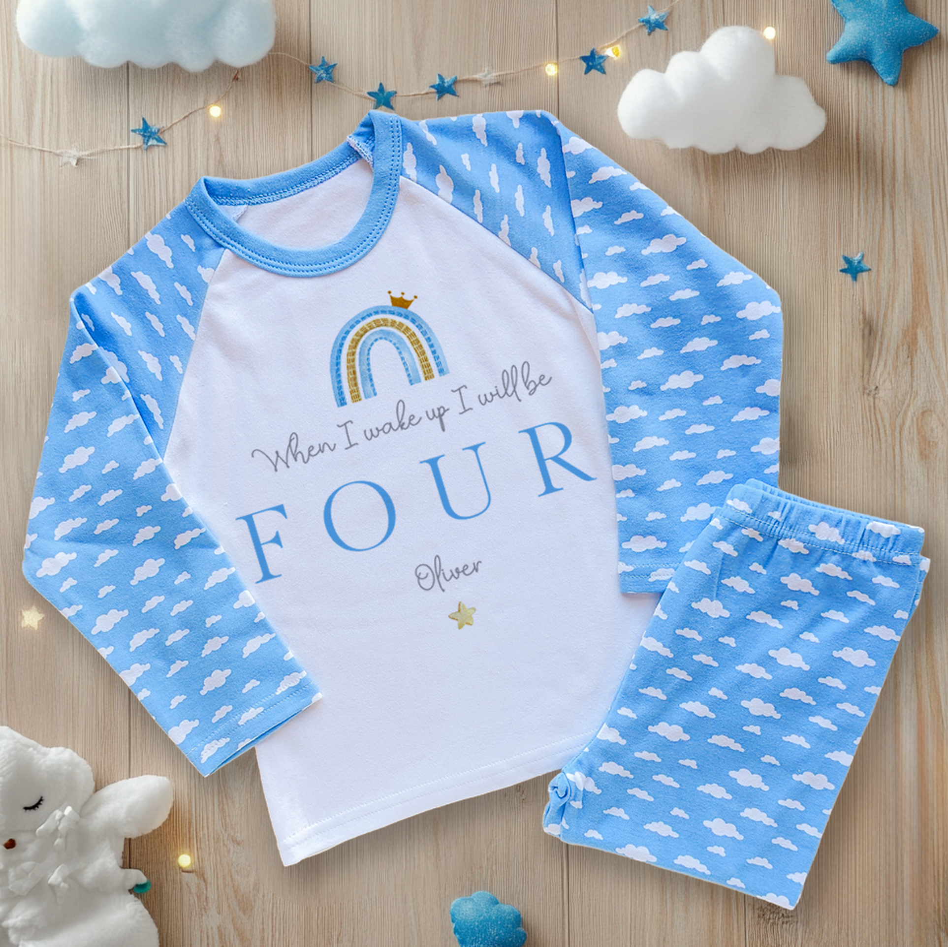 When I Wake Up I Will Be Four Blue Boy Theme Personalised Birthday Kids Pyjamas Set