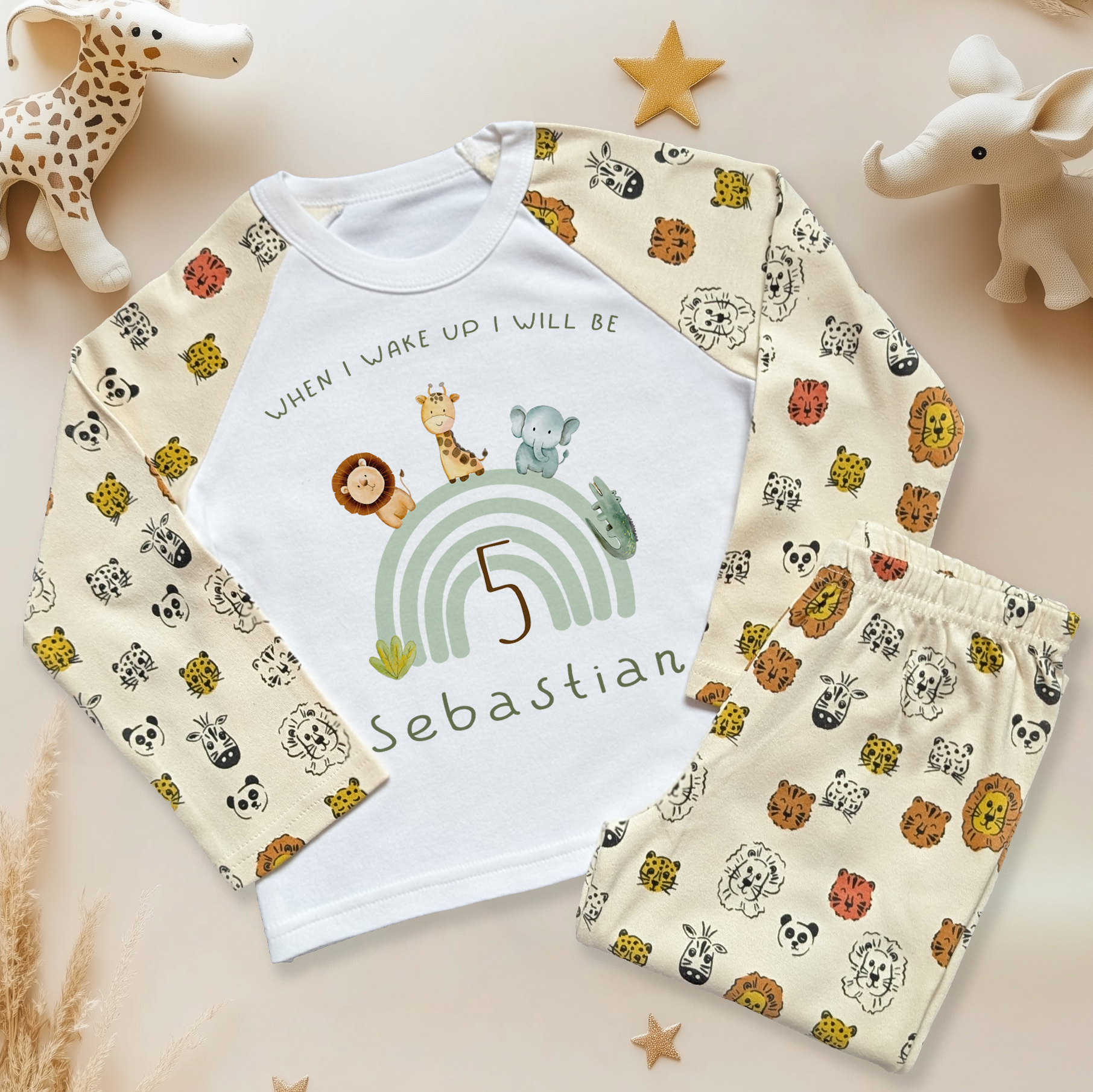 Personalised 5th Birthday Safari Animals Rainbow Pyjamas for Kids