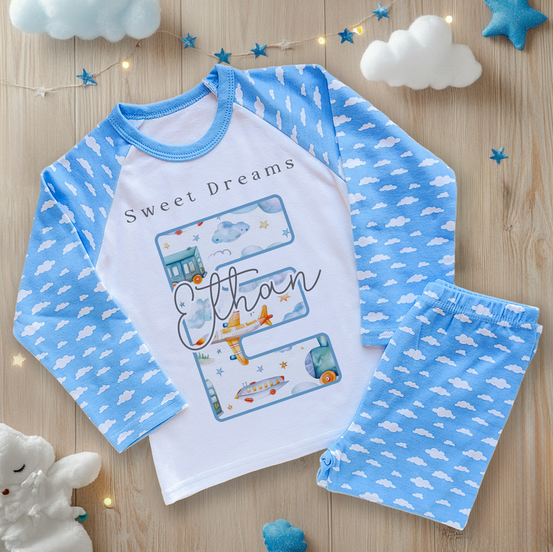 Sweet Dreams Air Plane Train Pattern Personalised Toddler Kids Pyjamas Set