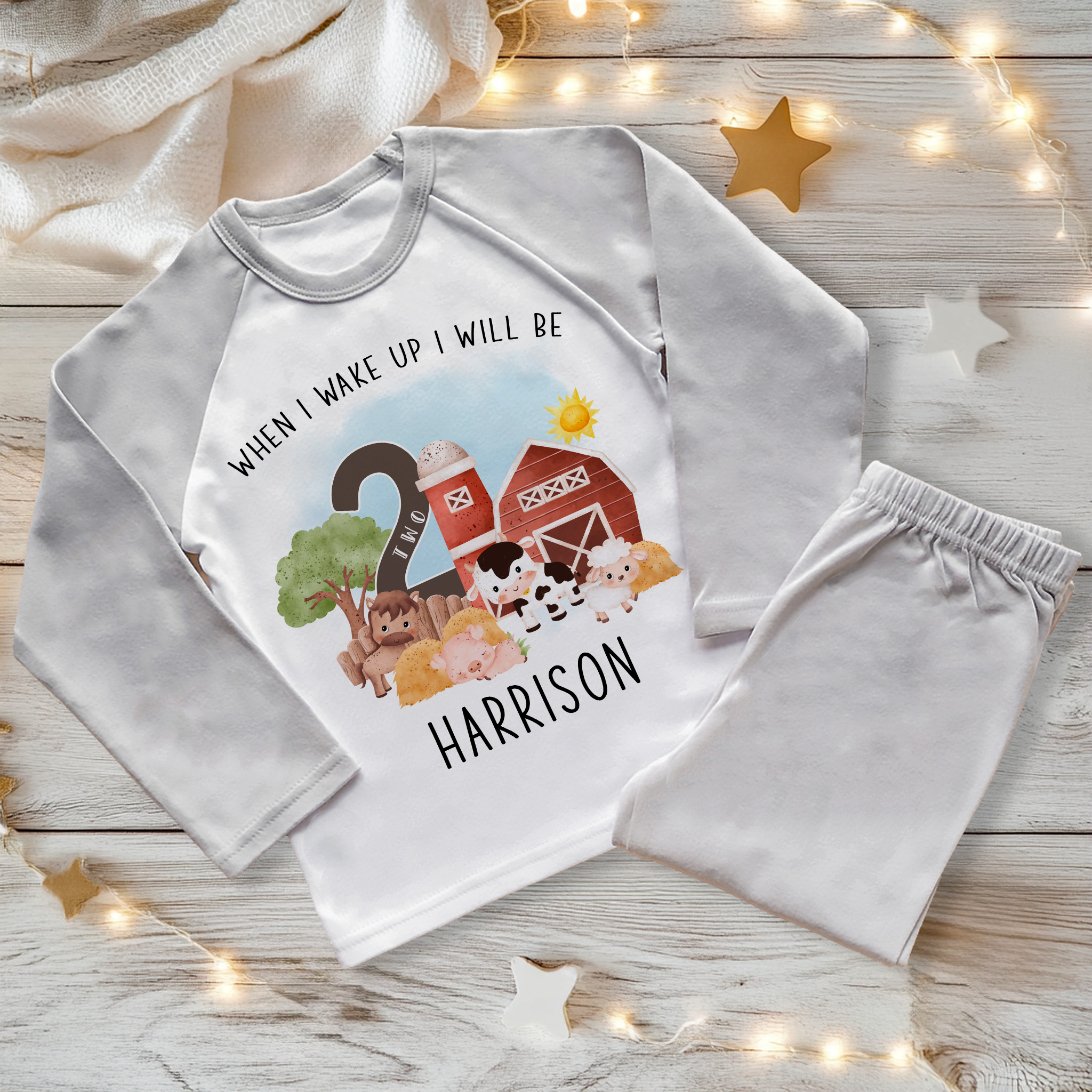 Second Birthday Farm Theme Personalised Toddler Kids Pyjamas Set