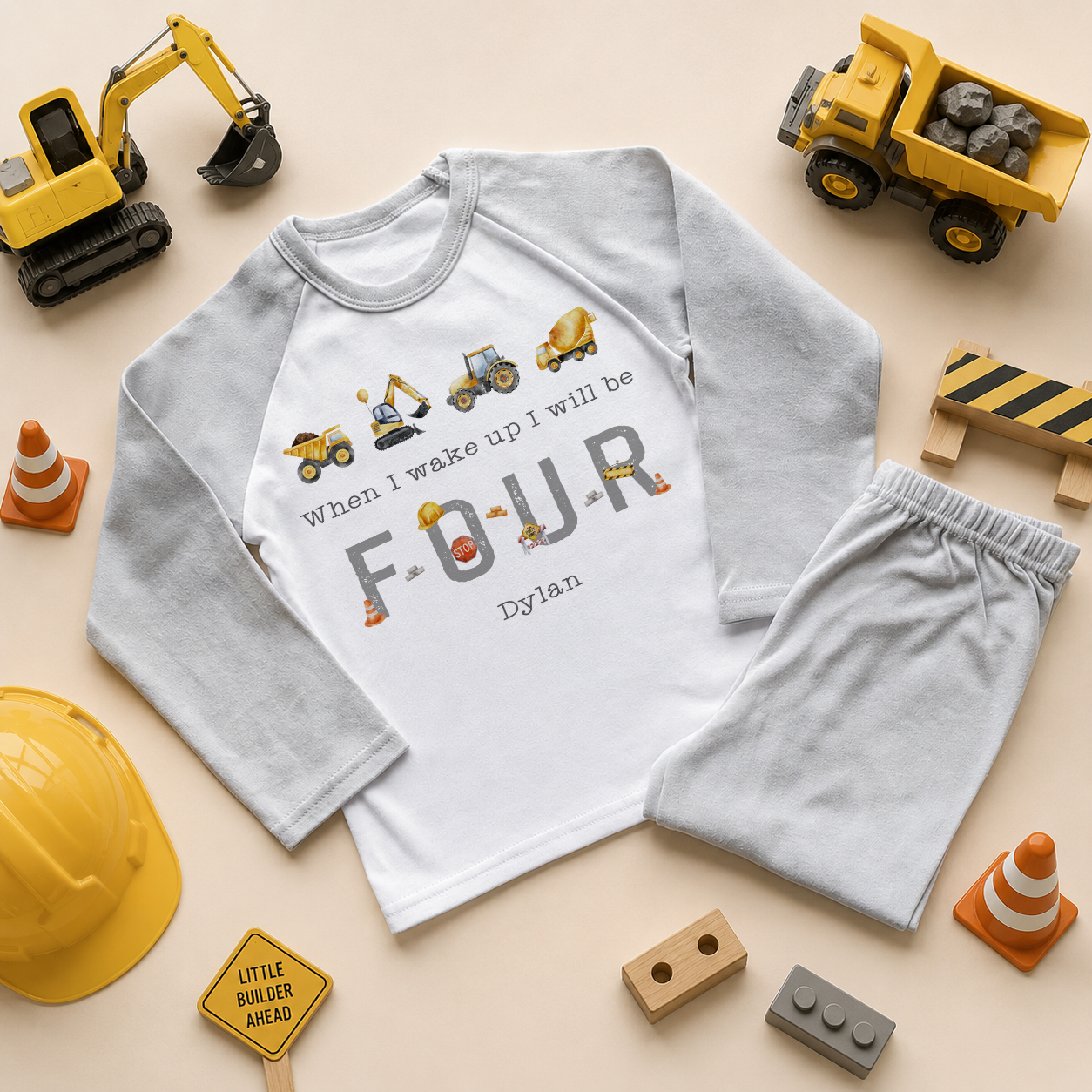 Personalised Name Kids Pyjamas 4th Birthday Construction Vehicles Dump Truck Digger Gift Idea