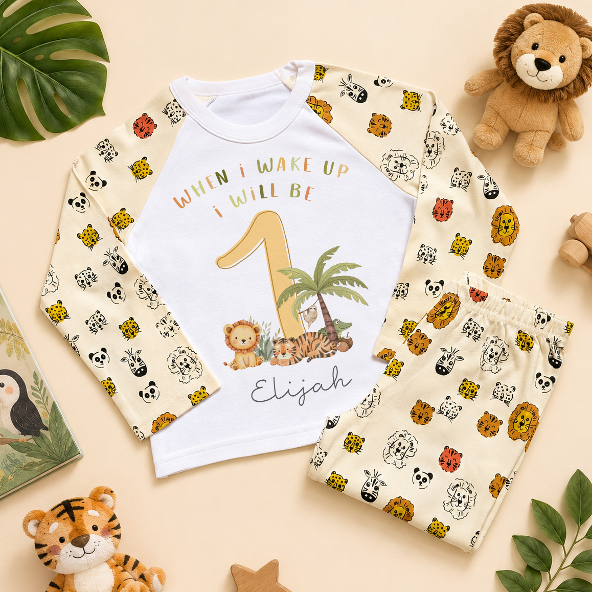 Personalised Name Kids Pyjamas 1st Birthday Safari Lion Tiger Leopard Panda Animal Faces for Toddler Gift