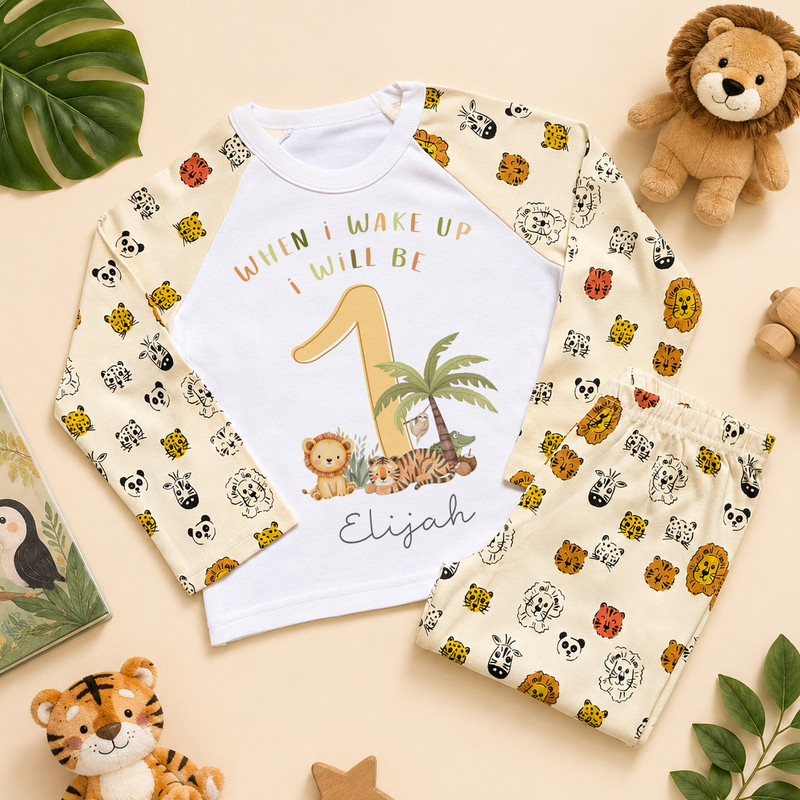 Personalised Name Kids Pyjamas 1st Birthday Safari Lion Tiger Leopard Panda Animal Faces for Toddler Gift