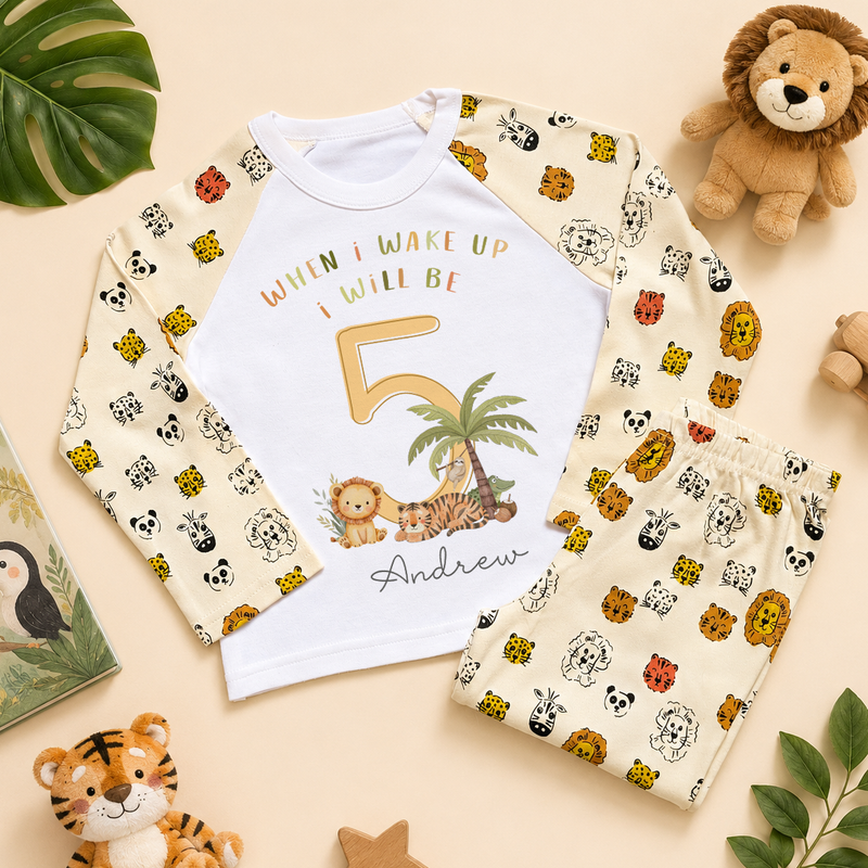 Personalised Name Kids Pyjamas 5th Birthday When I Wake Up I Will Be Lion Tiger Palm Tree Safari Gift Idea