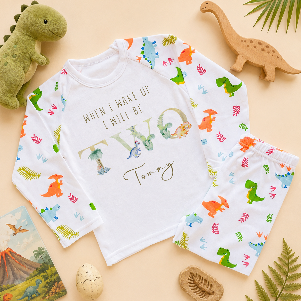 Personalised Name Kids Pyjamas 2nd Birthday T-Rex Dinosaur Tropical Fern Leaves for Toddler Birthday Gift