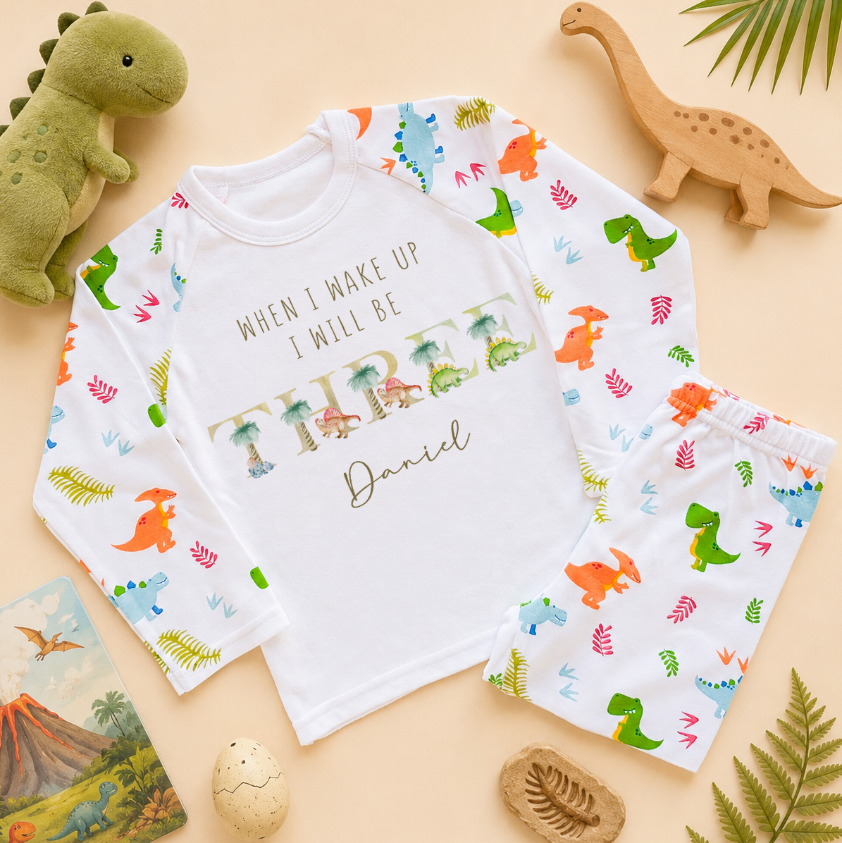 Personalised Name Kids Pyjamas 3rd Birthday T-Rex Dinosaur Tropical Fern Jungle Gift