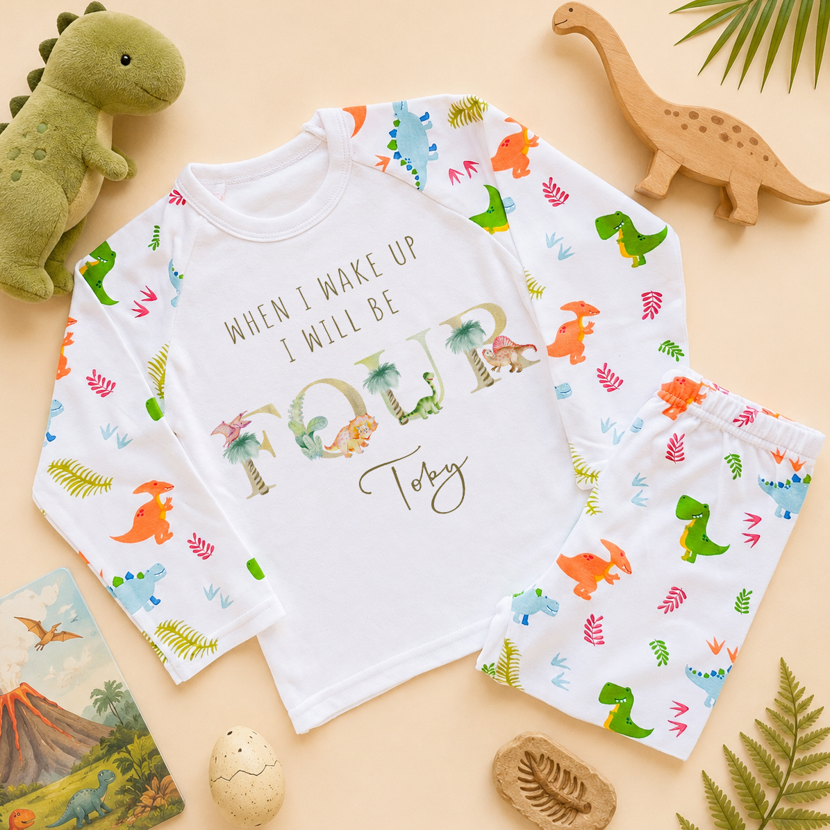Personalised Name Kids Pyjamas 4th Birthday Colourful Dinosaurs Fern Leaves Tropical Pattern Birthday Gift