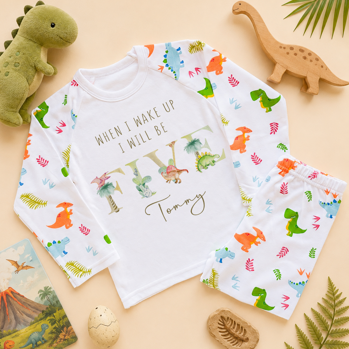 Personalised Name Kids Pyjamas 5th Birthday Dinosaur Palm Tree Tropical Rainbow Lettering Gift Idea