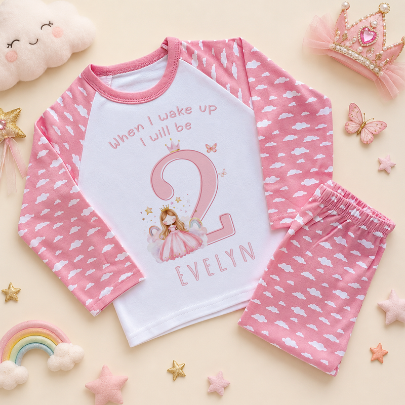 Personalised 2nd Birthday Princess Kids Pyjamas for Girls, All-Over Pink Cloud Print with Name