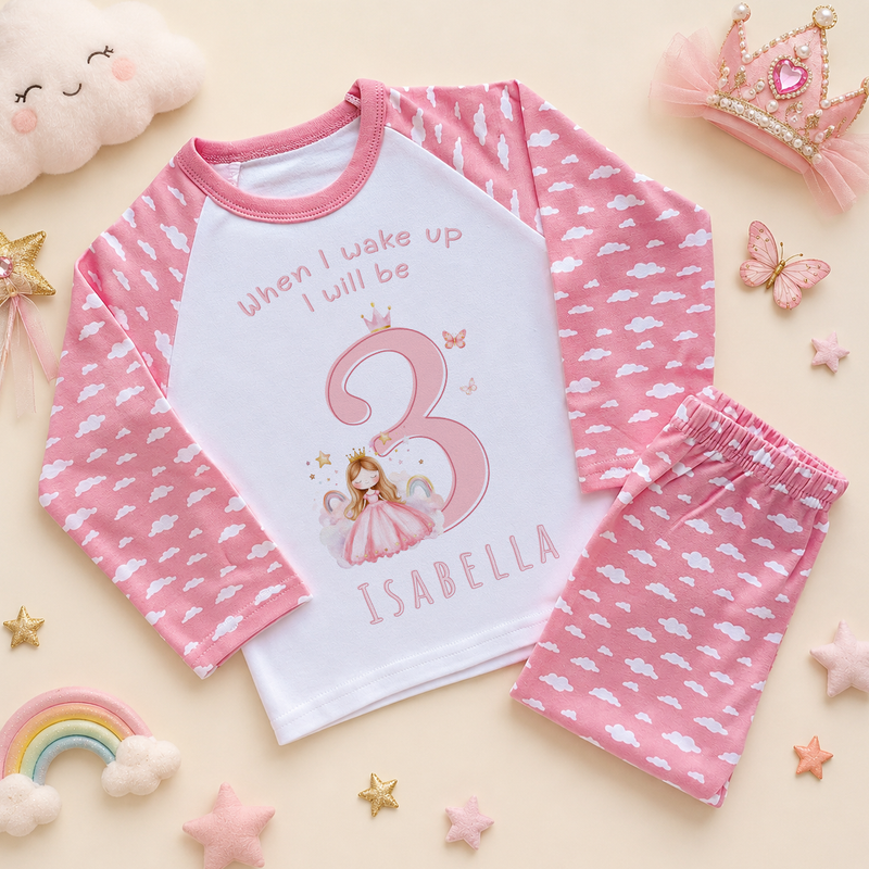 Personalised 3rd Birthday Princess Kids Pyjamas for Girls, All-Over Pink Cloud Print with Name