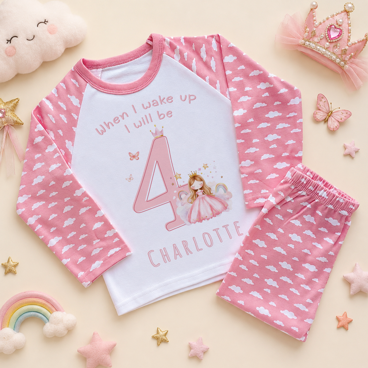 Personalised 4th Birthday Princess Kids Pyjamas for Girls, All-Over Pink Cloud Print with Name