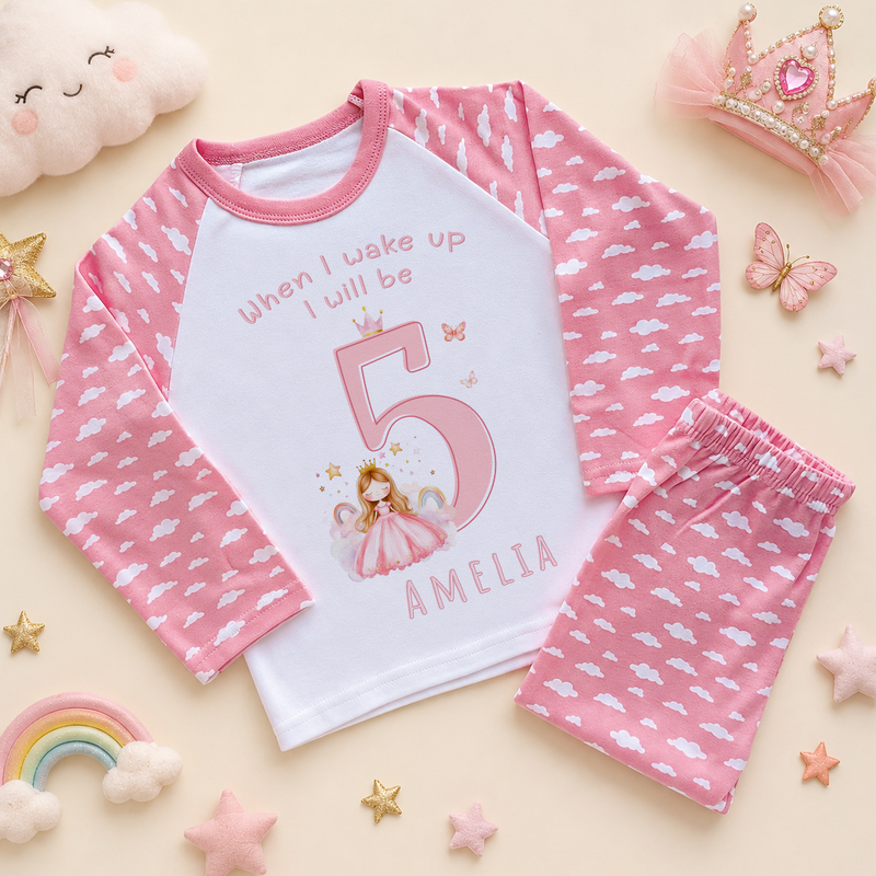 Personalised 5th Birthday Princess Kids Pyjamas for Girls, All-Over Pink Cloud Print with Name