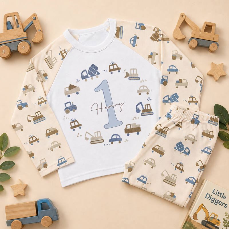 Personalised 1st Birthday Diggers Kids Pyjamas for Boys, All-Over Construction Vehicle Print with Name