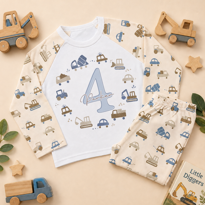 Personalised 4th Birthday Diggers Kids Pyjamas for Boys, All-Over Construction Vehicle Print with Name