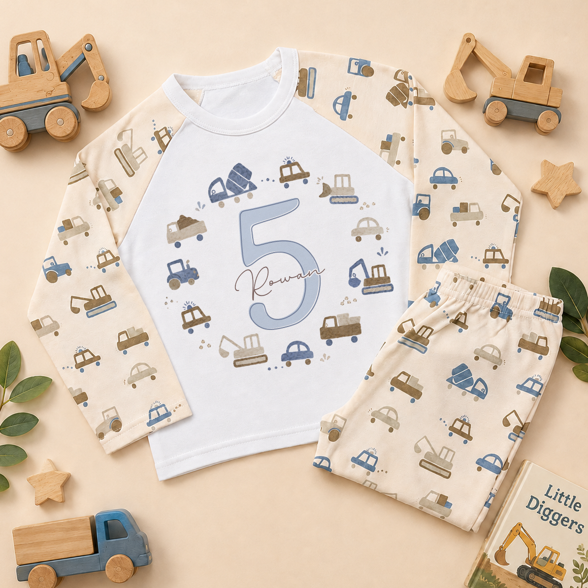 Personalised 5th Birthday Diggers Kids Pyjamas for Boys, All-Over Construction Vehicle Print with Name