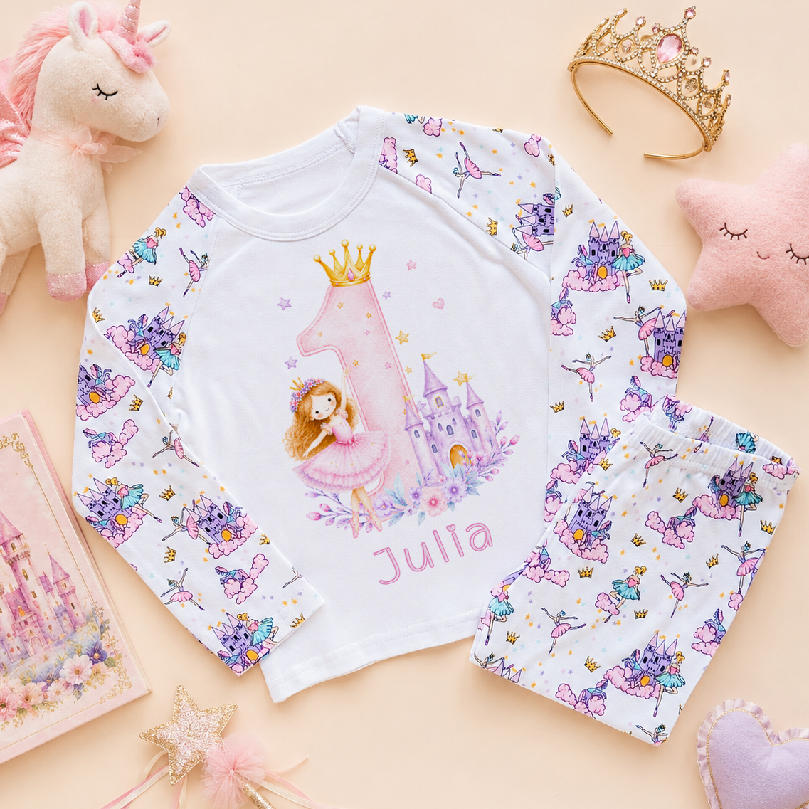 Personalised 1st Birthday Princess and Castle Kids Pyjamas for Girls, All-Over Fairy Print with Name