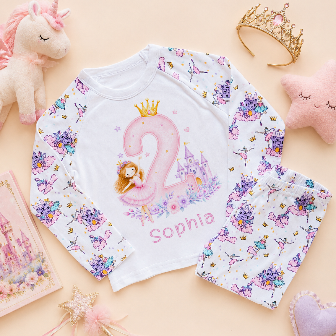 Personalised 2nd Birthday Princess and Castle Kids Pyjamas for Girls, All-Over Fairy Print with Name