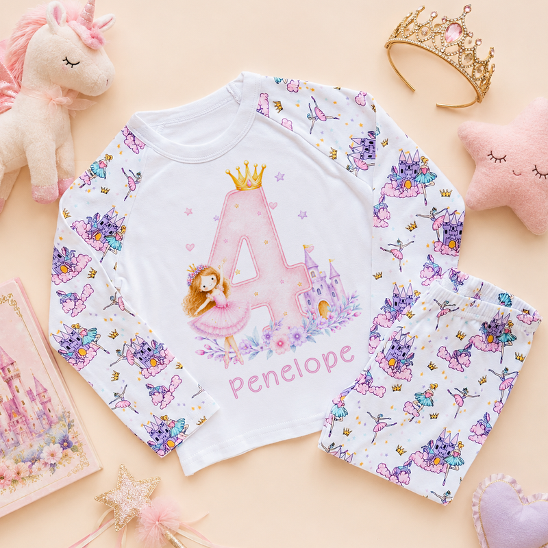 Personalised 4th Birthday Princess and Castle Kids Pyjamas for Girls, All-Over Fairy Print with Name