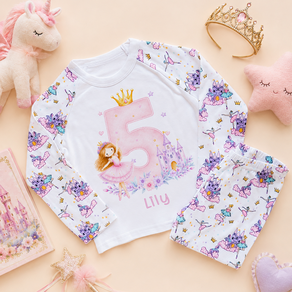Personalised 5th Birthday Princess and Castle Kids Pyjamas for Girls, All-Over Fairy Print with Name