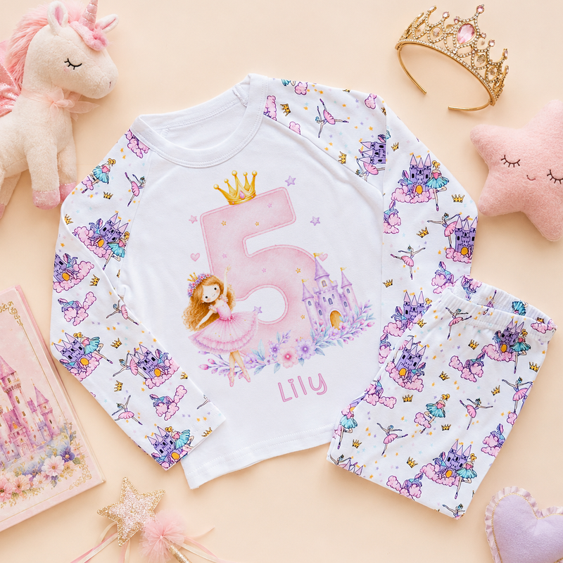 Personalised 5th Birthday Princess and Castle Kids Pyjamas for Girls, All-Over Fairy Print with Name