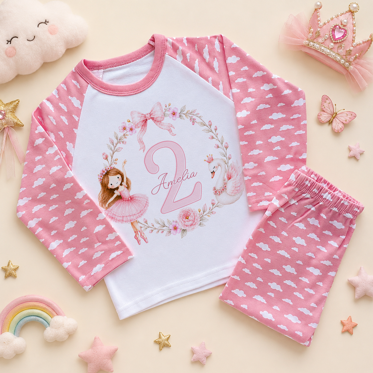 Personalised 2nd Birthday Fairy and Unicorn Kids Pyjamas for Girls, All-Over Pink Cloud Print with Name