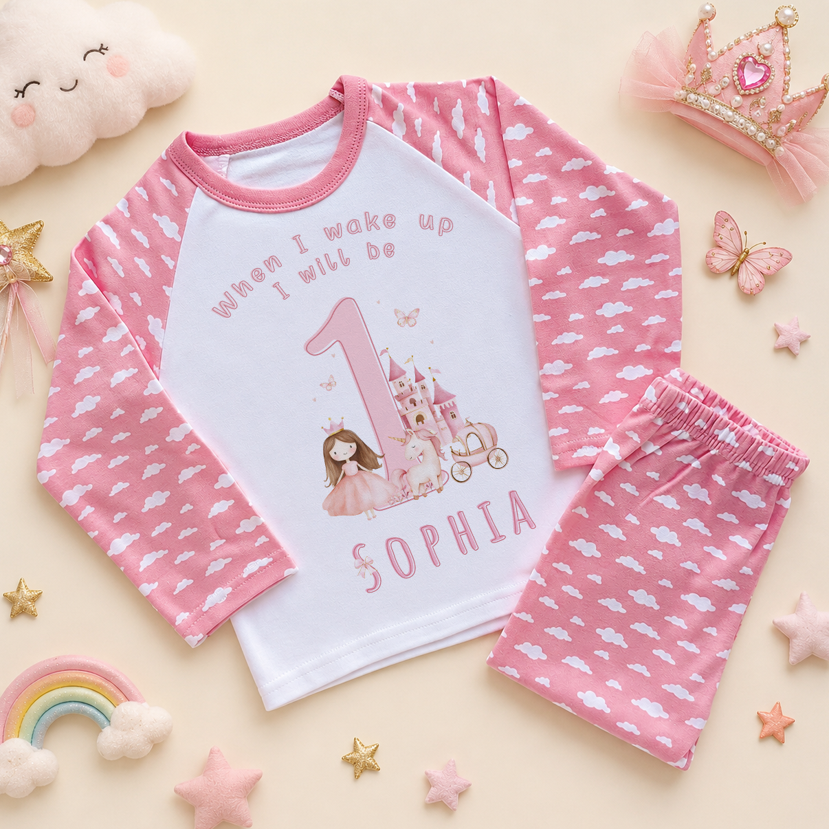 Personalised 1st Birthday Princess Castle Kids Pyjamas for Girls, Pink Cloud Print with Name