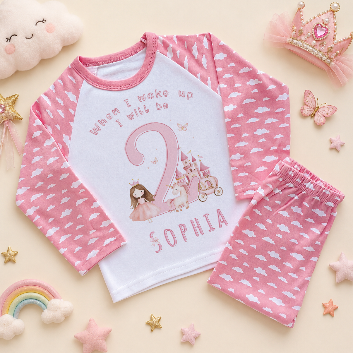 Personalised 2nd Birthday Princess Castle Kids Pyjamas for Girls, Pink Cloud Print with Name