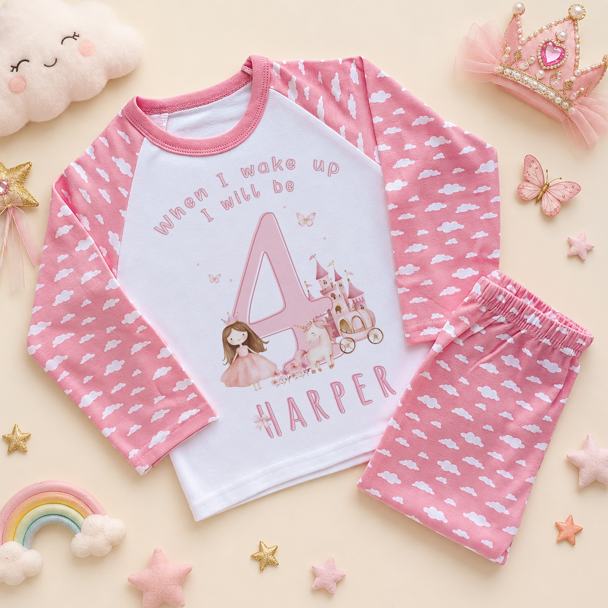 Personalised 4th Birthday Princess Castle Kids Pyjamas for Girls, Pink Cloud Print with Name