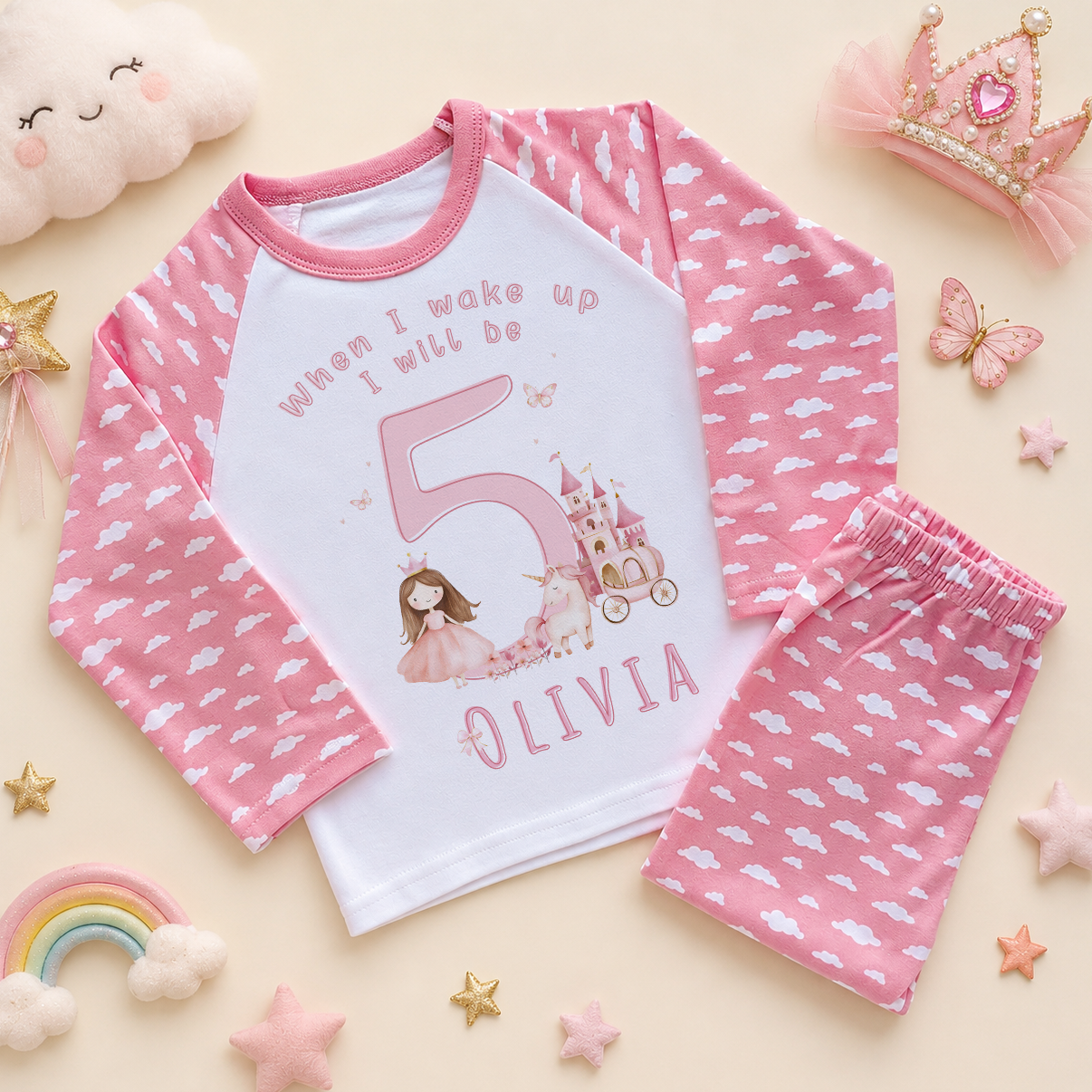 Personalised 5th Birthday Princess Castle Kids Pyjamas for Girls, Pink Cloud Print with Name