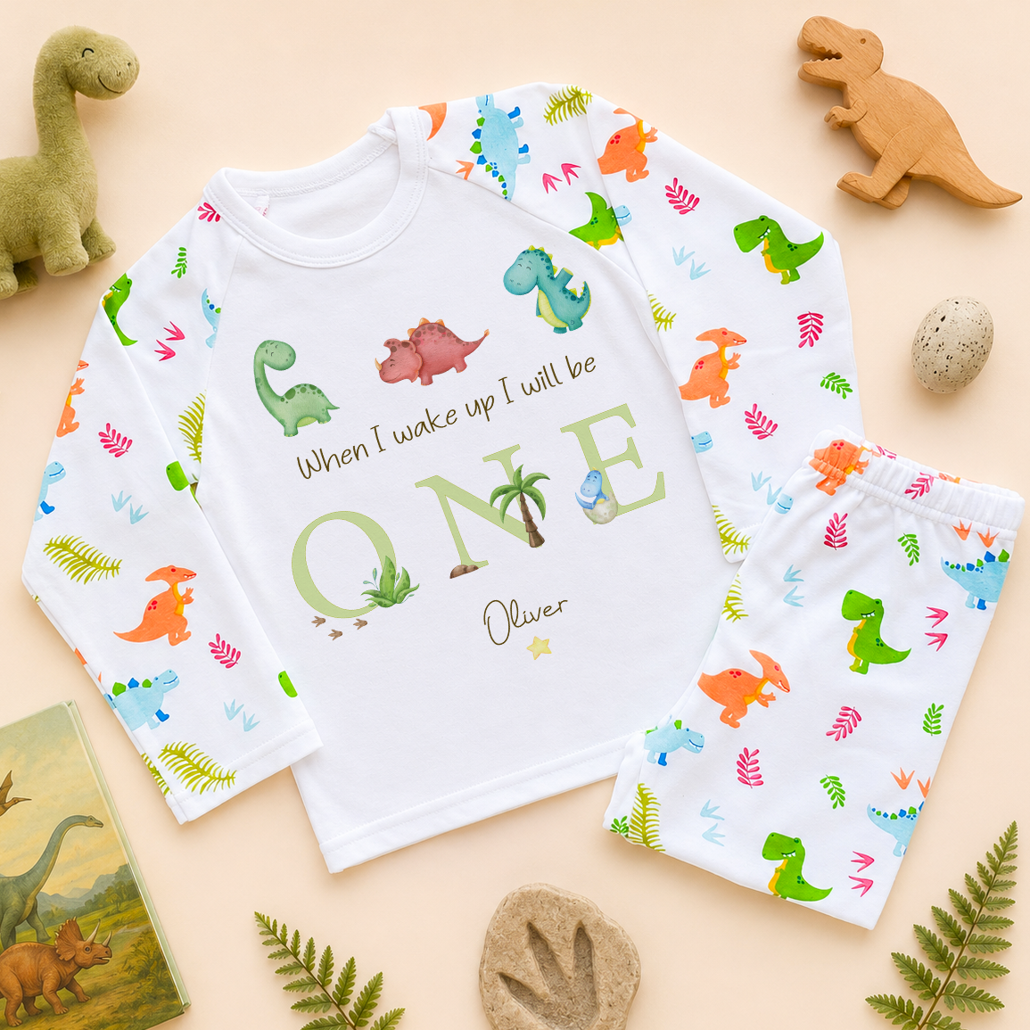 Personalised Name Kids Pyjamas 1st Birthday Dinosaur Tropical Plants Colourful for Toddler Gift
