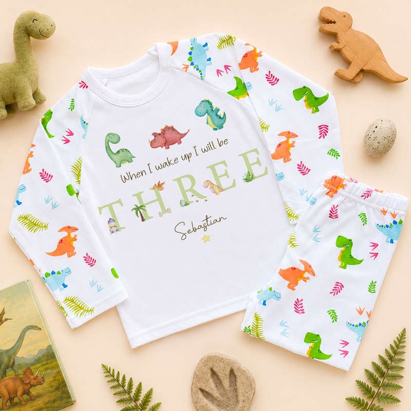 Personalised Name Kids Pyjamas When I Wake Up I Will Be Three Dinosaur Tropical Leaves Colourful for Toddler Birthday Gift