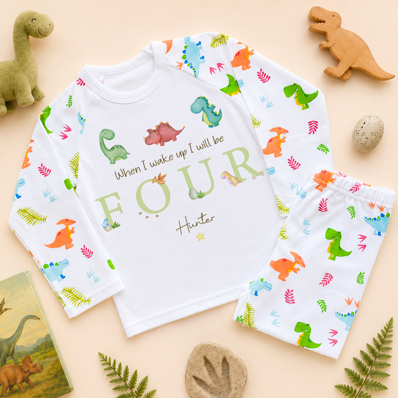 Personalised Name Kids Pyjamas 4th Birthday Colourful Dinosaurs Tropical Ferns Leaves Gift
