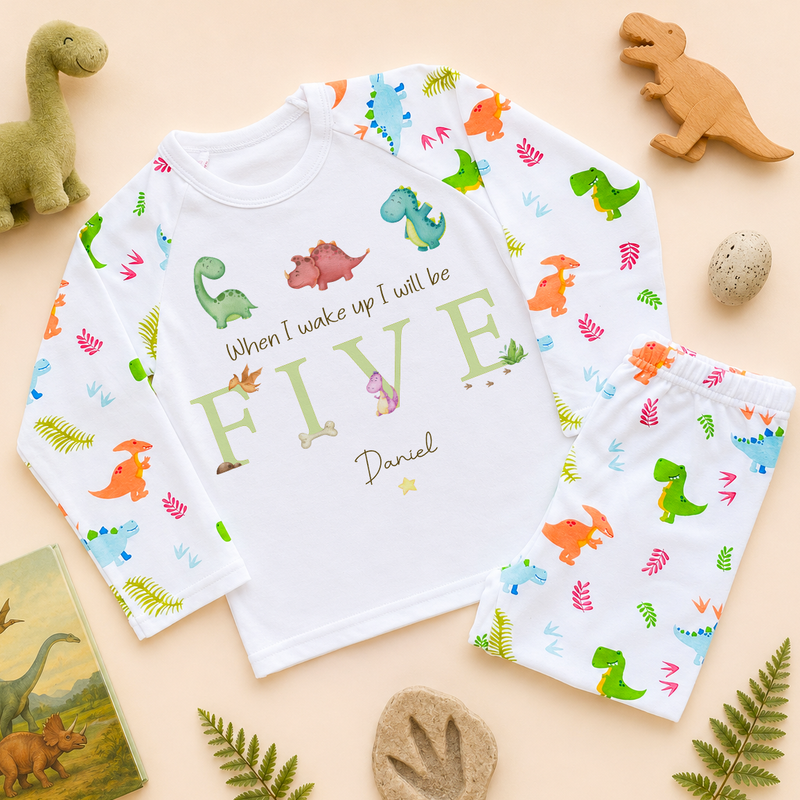 Personalised Name Kids Pyjamas When I Wake Up I Will Be Five Dinosaur Tropical Fern Colourful for Toddler Birthday Gift
