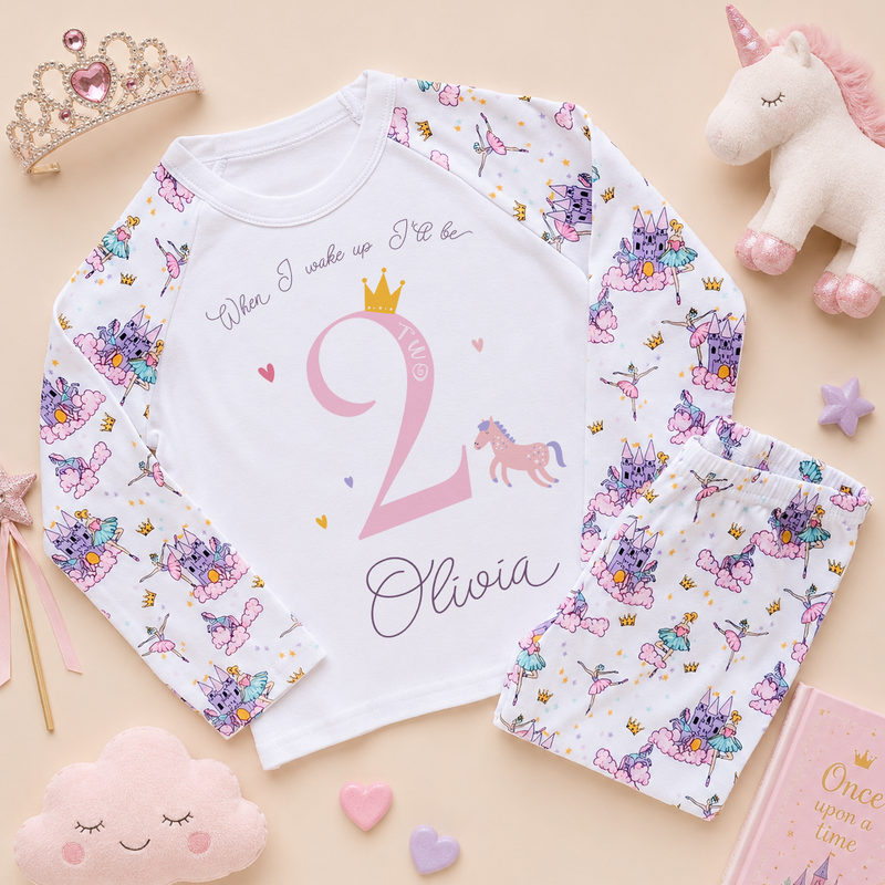 Personalised 2nd Birthday Princess Castle Kids Pyjamas for Girls, Unicorn with Name