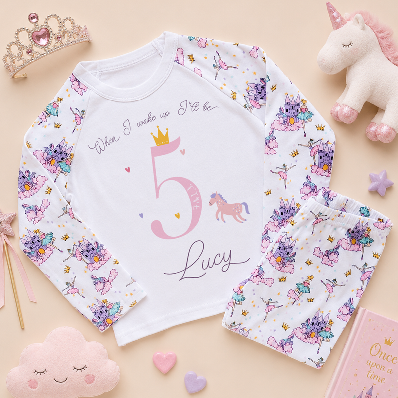 Personalised 5th Birthday Pink Crown Unicorn Pyjamas for Girls & Kids