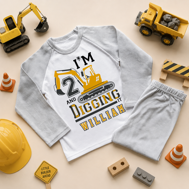 Personalised 2nd Birthday Excavator Kids Pyjamas, I'm Digging It with Name
