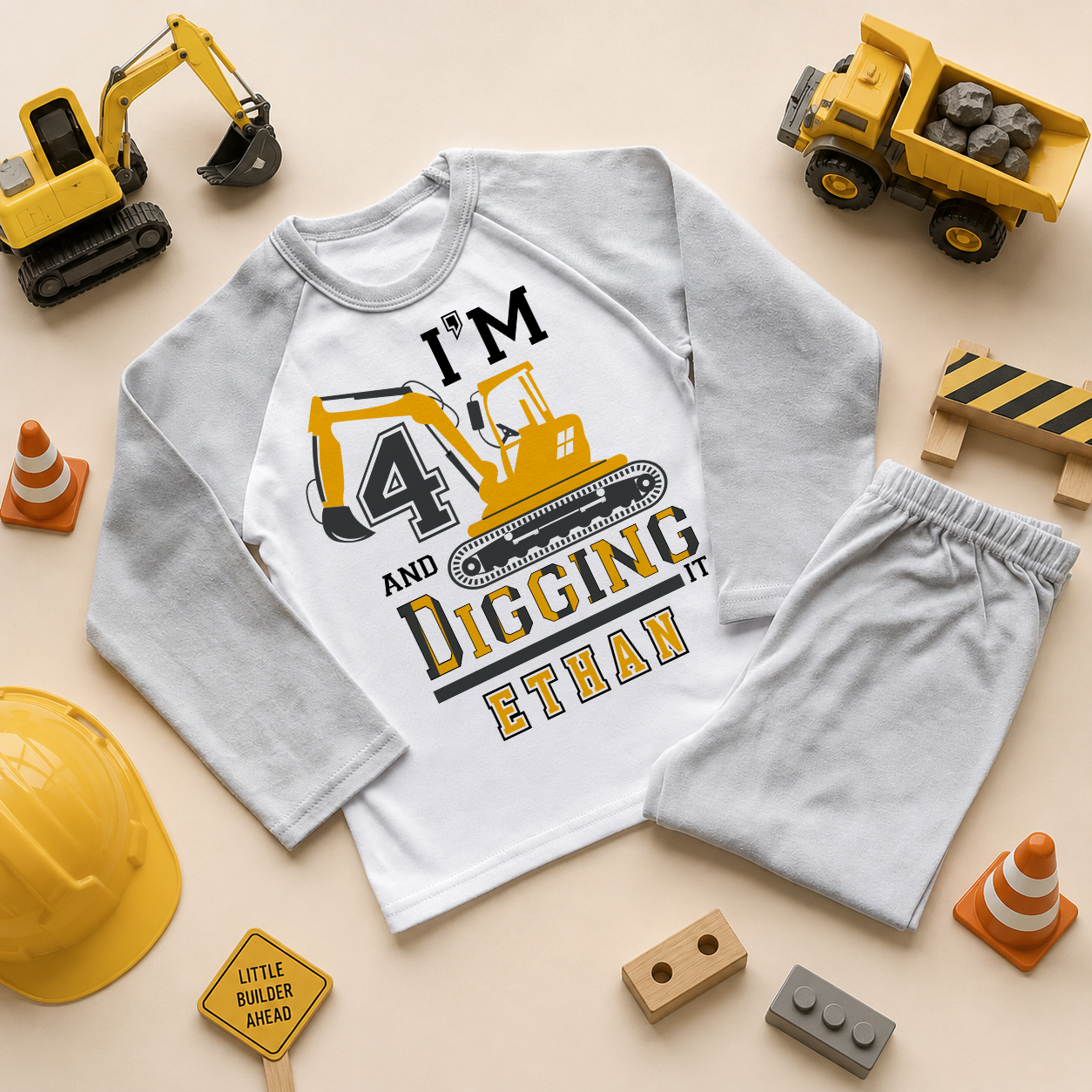 Personalised Kids 4th Birthday Yellow Digger Excavator Pyjamas for Boys