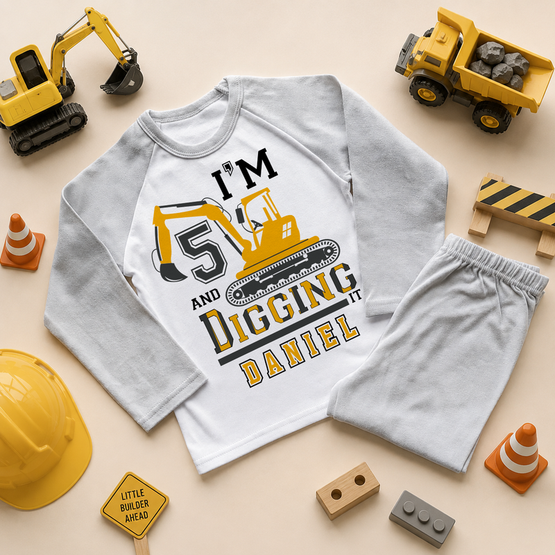 Personalised Kids 5th Birthday Yellow Digger Excavator Pyjamas for Boys