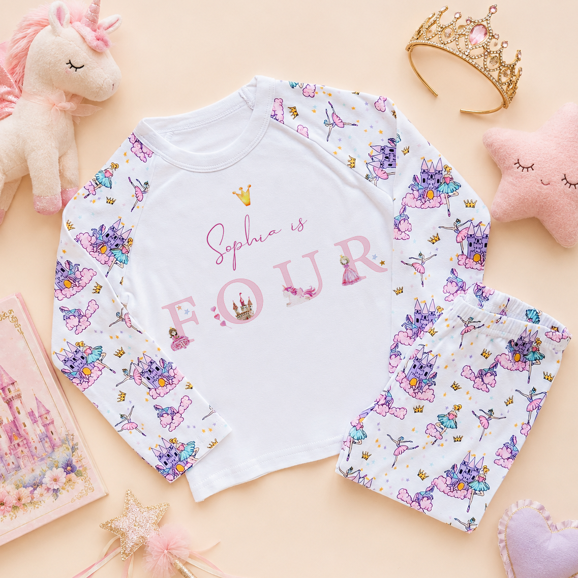 Personalised Name Girls Pyjamas 4th Birthday Unicorn Princess Castle Crowns Stars for Kids Gift