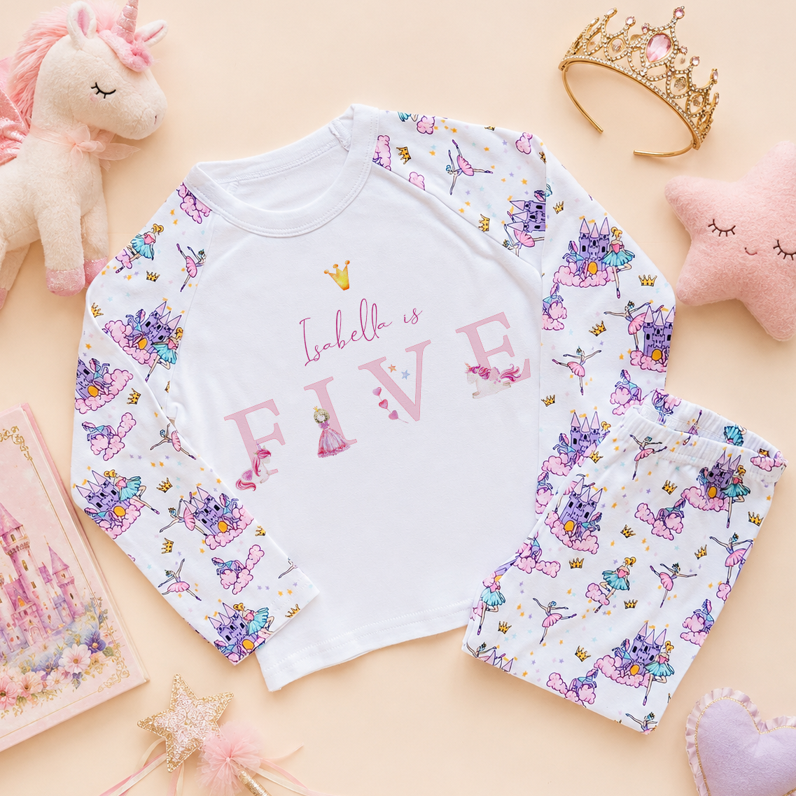 Personalised 5th Birthday Unicorn Princess Castle Pyjamas for Girls & Kids