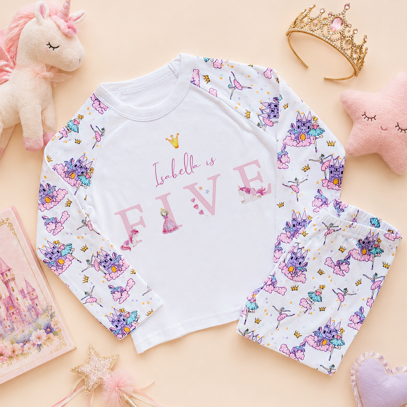 Personalised 5th Birthday Unicorn Princess Castle Pyjamas for Girls & Kids