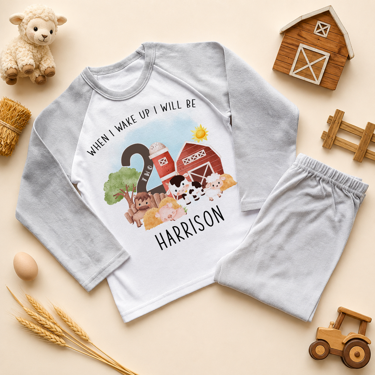 Personalised Name Kids Pyjamas 2nd Birthday Farm Animals Red Barn Cow Pig Tree Sun Script for Toddler Gift