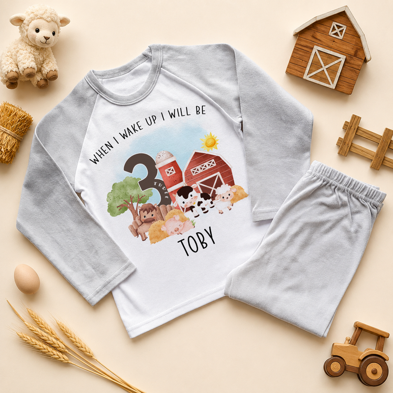 Personalised Name Kids Pyjamas 3rd Birthday Farmyard Animals Barn Sun Tree for Toddler Gift