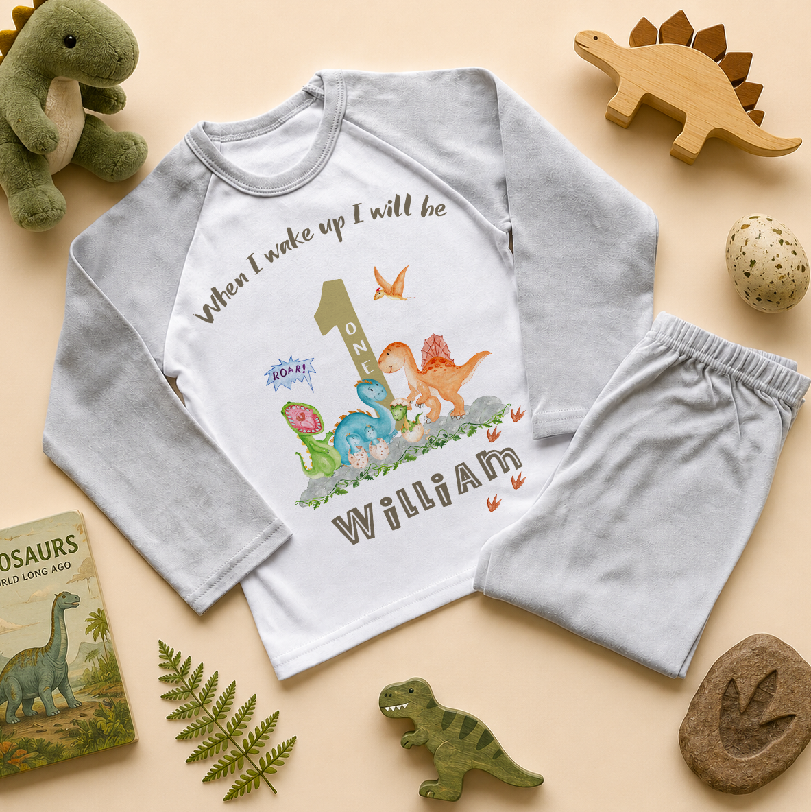 Personalised Toddler 1st Birthday Roaring Dinosaurs Pyjamas for Toddler & Kids