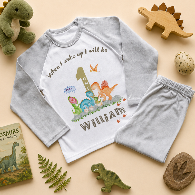 Personalised Toddler 1st Birthday Roaring Dinosaurs Pyjamas for Toddler & Kids